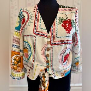 Joie Italian-Inspired Fruit Print Blouse – Linen Blend V-Neck Blouse